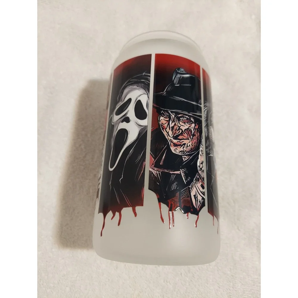 Horror Movie Characters Frosted Glass Tumbler with Straw & Bamboo Lid‎